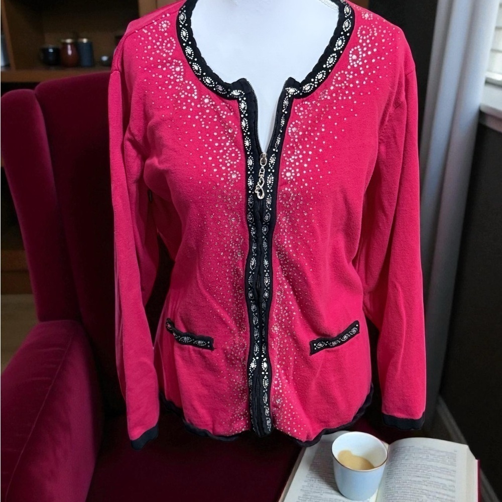 Cathy Daniels Red Embellished Sweater with Black Trim